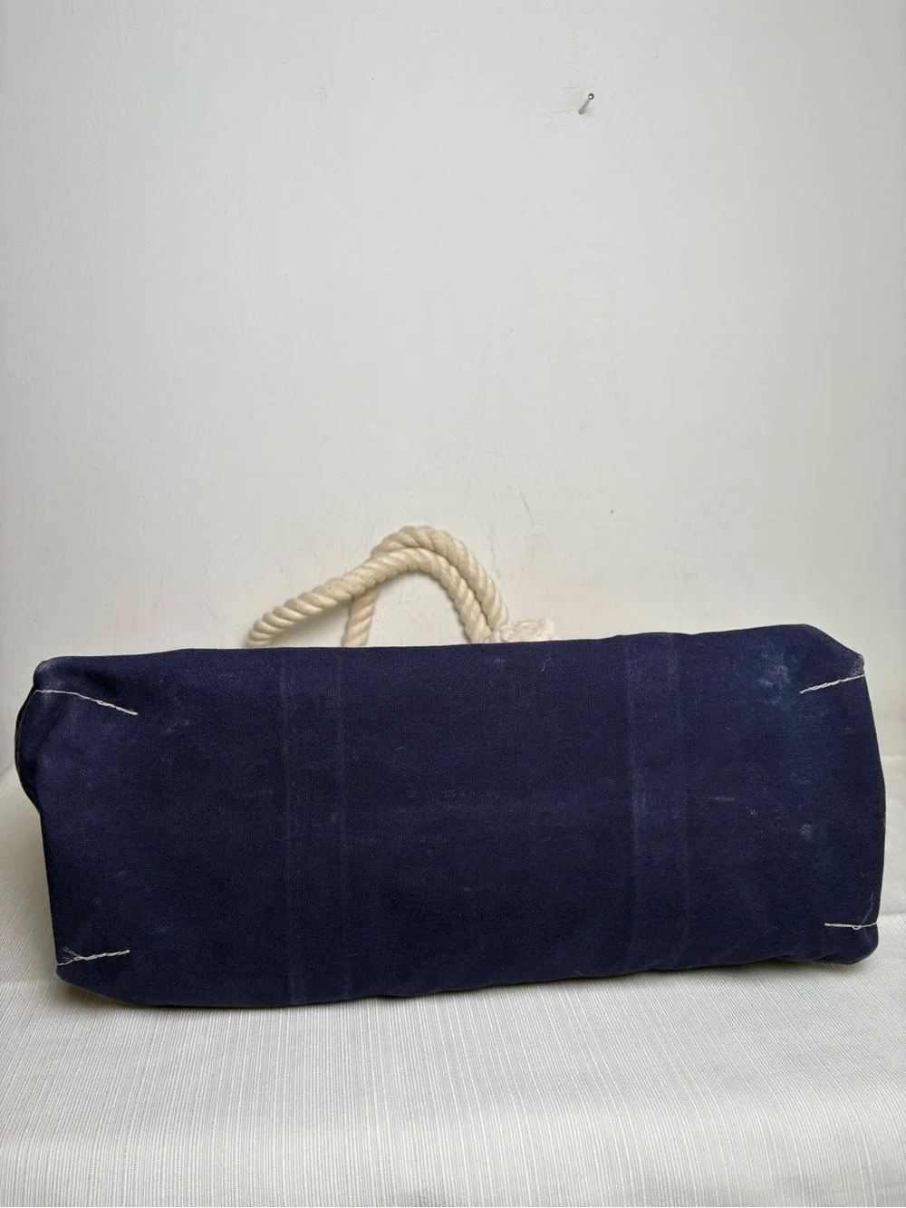 L.L. BEAN Signature Boat & Tote Canvas Bag w Rope & Leather Handles Nautical